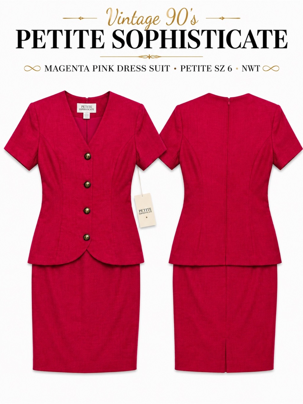 VINTAGE Petite Sophisticate Magenta Pink Skirt Suit NWT Petite 6 Made USA Power
